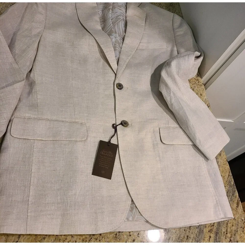 New! Tasso Elba Island Men M 39-41 Linen Two Button Blazer Jacket Beige Lined